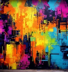 a vibrant abstract painting featuring a complex interplay of bold colors, shapes, and textures, creating a dynamic and visually striking composition.