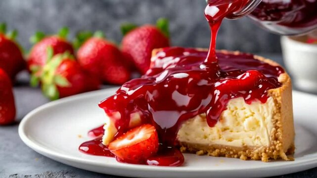 Strawberry cheesecake has a graham cracker, butter, and sugar crust with a cream cheese, sugar, and egg filling. Top it with tart strawberry sauce and fresh strawberries. 