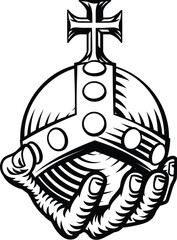 Hand holding a royal globus cruciger or stavroforos sphaira cross bearing orb symbol of authority. In an engraved vintage woodcut retro tattoo style