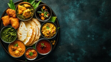 South Indian thali breakfast with dosa, idli, vada, and chutneys. Copy space available.