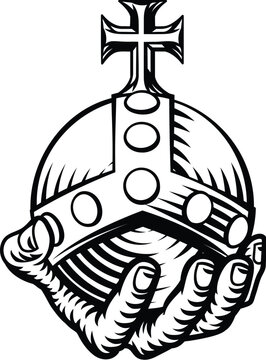 Hand holding a royal globus cruciger or stavroforos sphaira cross bearing orb symbol of authority. In an engraved vintage woodcut retro tattoo style