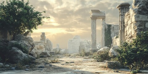 Fototapeta premium A serene view of ancient ruins bathed in soft light, surrounded by nature's revival and a hint of mystery.