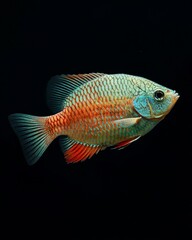 Fototapeta premium the Giant Gourami fish, portrait view, white copy space on right, Isolated on black Background