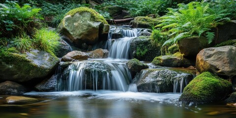 A serene waterfall cascading over rocks, surrounded by lush greenery and tranquil waters, perfect for nature lovers and relaxation.