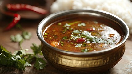 Spicy Rasam served in a traditional bowl with steamed rice. Copy space available.