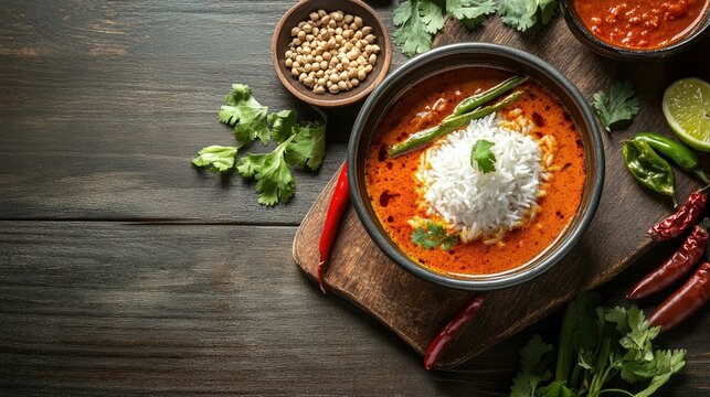 Spicy Rasam served in a traditional bowl with steamed rice. Copy space available.