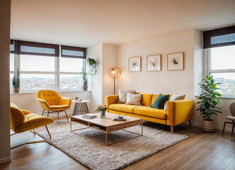 Interior of light living room with sofa and glucophone on table