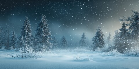 A serene winter landscape featuring snow-covered trees under a gentle snowfall, embodying the tranquility of nature.