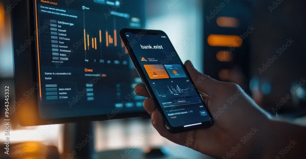 Poster close-up of a hand using a financial app on a smartphone displaying analytics in a modern, dimly lit