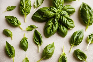 Fluttering Basil Leaves on a Soft Surface - Fresh Herb Collection