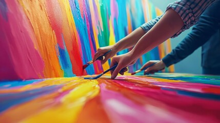 Obraz premium Business Team building creativity activities Team members brainstorming with colorful sticky notes, creative workspace, no face, 3D illustration