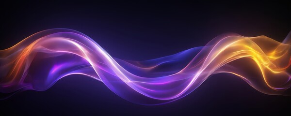 dynamic wave-like pattern composed of vibrant colors, including shades of purple, orange, and yellow, against a dark background.