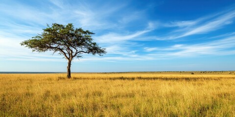 Fototapeta premium A solitary tree stands in a vast golden grassland under a bright blue sky, symbolizing nature's beauty and tranquility.