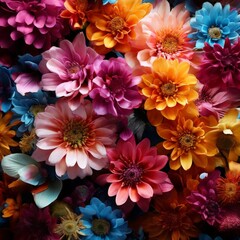 Fototapeta premium A vibrant bouquet of flowers in various shades of pink, orange, yellow, and blue, arranged in a visually striking manner.