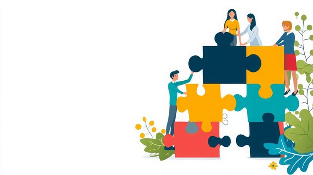 Business Team building  goals  activities Team building workshop, creative puzzle-solving, flat design illustration