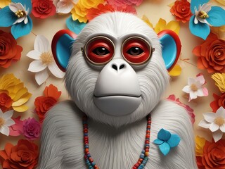 Obraz premium A cute 3D render of a happy Monkey face surrounded by colorful yarn balls and flower,a skull monkey by flowers,A monkey face is drawn , with a flowery design surrounding it