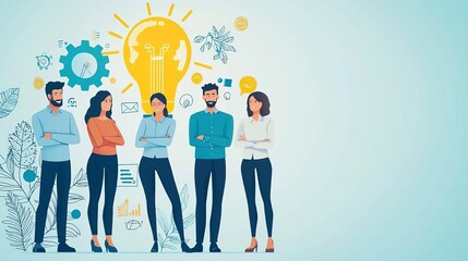 Business Team building  goals  activities Office team building, working on creative project, flat design illustration