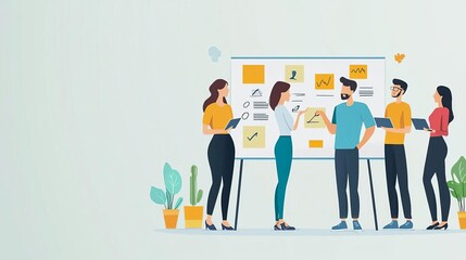 Business Team building  goals  activities Office team building, working on creative project, flat design illustration