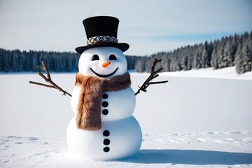 Obraz premium Cheerful Snowman Wearing Colorful Hat and Soft Scarf on Bright White Background