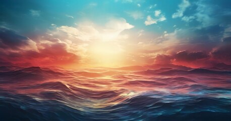 Obraz premium a dramatic sunset over a vast ocean, with the sun's rays piercing through the clouds and casting a warm glow on the water's surface.