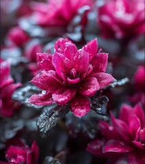 A close-up of a vibrant pink flower with water droplets, set against a blurred background of similar flowers.