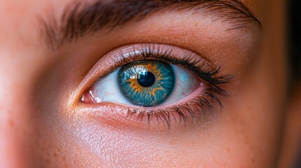 Obraz premium Close-up of a person's striking blue and gold eye featuring intricate patterns and details during daylight in a natural setting