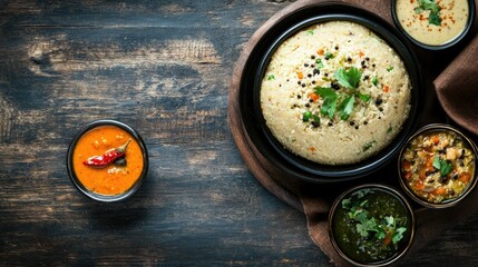 Upma served with chutney and sambar on a rustic wooden table. Top view with copy space.