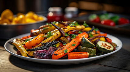 A plate of mixed grilled vegetables garnished with fresh herbs