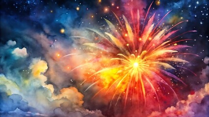 Fototapeta premium Colorful fireworks display on a vibrant watercolor background for celebration copy space