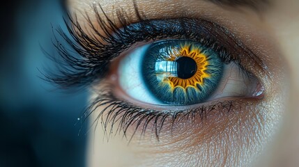 Fototapeta premium A close-up of a human eye featuring a unique sunflower design in the iris, showcasing vivid colors and intricate details