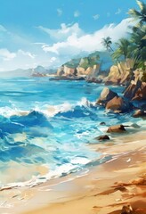 A digital painting of a tropical beach scene, featuring a rocky coastline, palm trees, and crashing waves against a blue sky with white clouds.