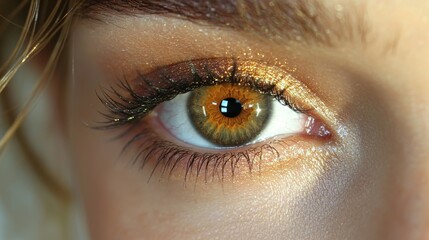 Obraz premium Close-up of a striking hazel eye showcasing intricate patterns and warm tones during golden hour lighting
