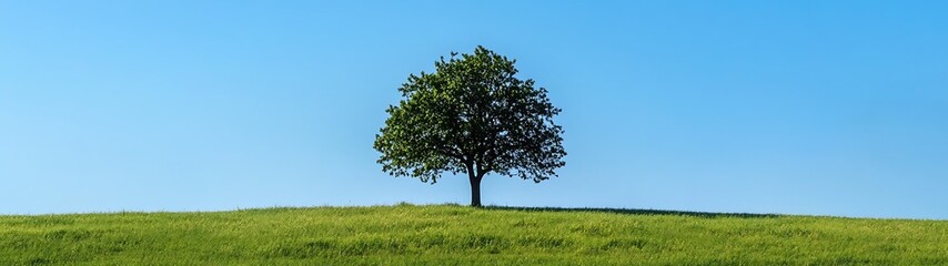 Obraz premium Tranquil Tree on Green Meadow Panorama - Peaceful Nature Landscape with Copy Space for Text