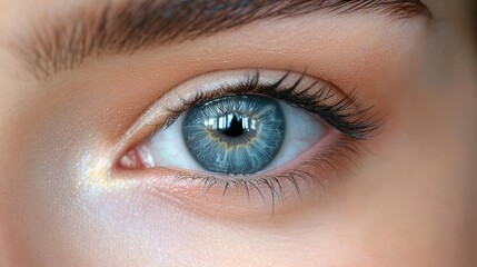 Obraz premium A close-up view of a person’s blue eye, showcasing intricate details and natural light reflections during daylight