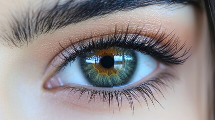 Fototapeta premium A close-up view of a human eye showcasing vibrant green and amber hues with long, dark eyelashes against a soft background