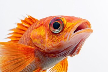 Mystic portrait of Sultan fish in studio, copy space on right side, Anger, Menacing, Headshot, Close-up View, isolated on white background