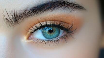 Obraz premium Close-up of a person's striking blue eye with beautiful lashes and soft makeup highlights at natural sunlight