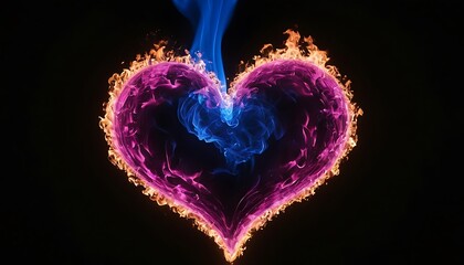 Neon Blue Sign in Shape of a Heart against Dark Brick Wall Background,A striking image featuring a glowing neon heart, blending vibrant pink and blue colors, 45