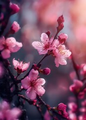 A close-up view of cherry blossoms in full bloom, with their delicate pink petals and vibrant red centers, set against a blurred background of more blossoms.