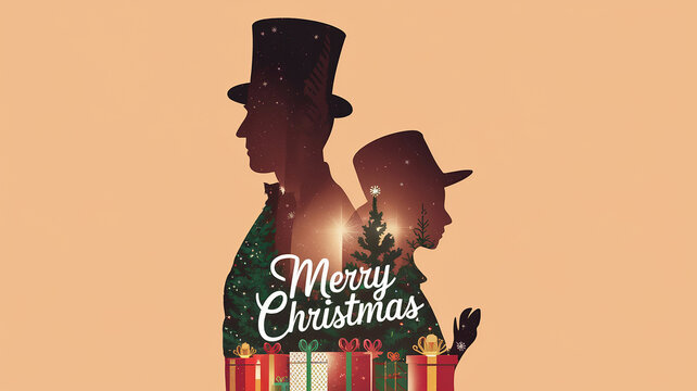 A double exposure illustration of a text Merry Christmas silhouette with a festive atmoshere
