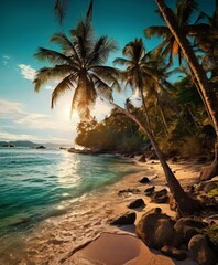 A tropical beach scene with palm trees, clear turquoise water, and a sandy shore, with the sun setting in the background.