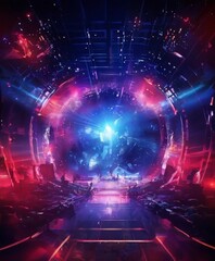 Fototapeta premium a futuristic, sci-fi-inspired scene with a large, glowing blue and purple light at the center, surrounded by a circular tunnel-like structure with a curved ceiling and rows of seats.