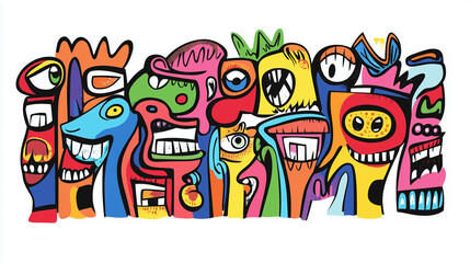 Colorful doodle alien monsters. Horrible faces bright colors, cyclops, slime monster. Funny unusual cartoon fantasy characters, decorative graphic design