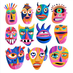 Safety tribal masks icons. Crazy mask or abnormal horror emotional faces. Aliens with big eyes and lips, cyclops, monsters and demons. Unusual characters with horrible smiles