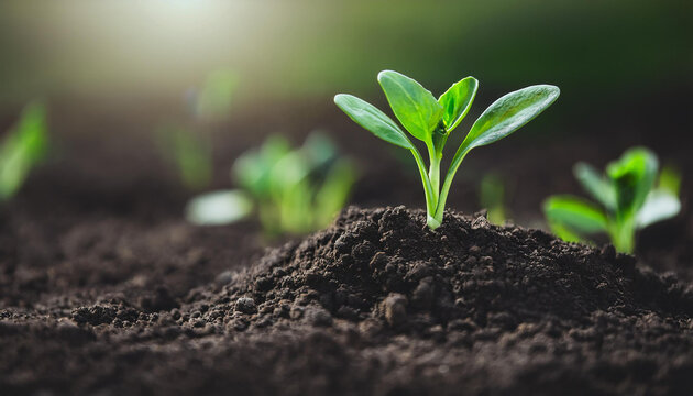 Detailed close-up shot of nutrient-rich black soil, green plant. Fine granules, earthy richness.