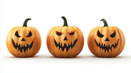 Halloween pumpkins 3d realistic. Spooky scary faces pumpkin, autumn party symbols. Harvest time, trick or treat fall season. Seasonal holidays festival illustration
