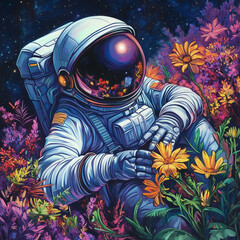 Astronaut in spacesuit relax in flowers, sketch style. Universe travel and work surreal landscape with cosmonaut. Colorful illustration of botanical exploration in outer space