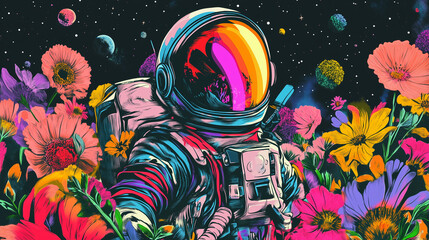 Surreal graphic illustration with astronaut in helmet in flowers in universe. Dreaming and space travel. Cosmonaut in spacesuit, exploring other planets