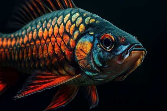 Mystic portrait of Java Barb fish in studio, isolated on black background