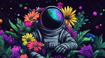 Astronaut in spacesuit with flowers sketch style. Universe travel and work surreal landscape with cosmonaut. Colorful illustration of exploration in outer space